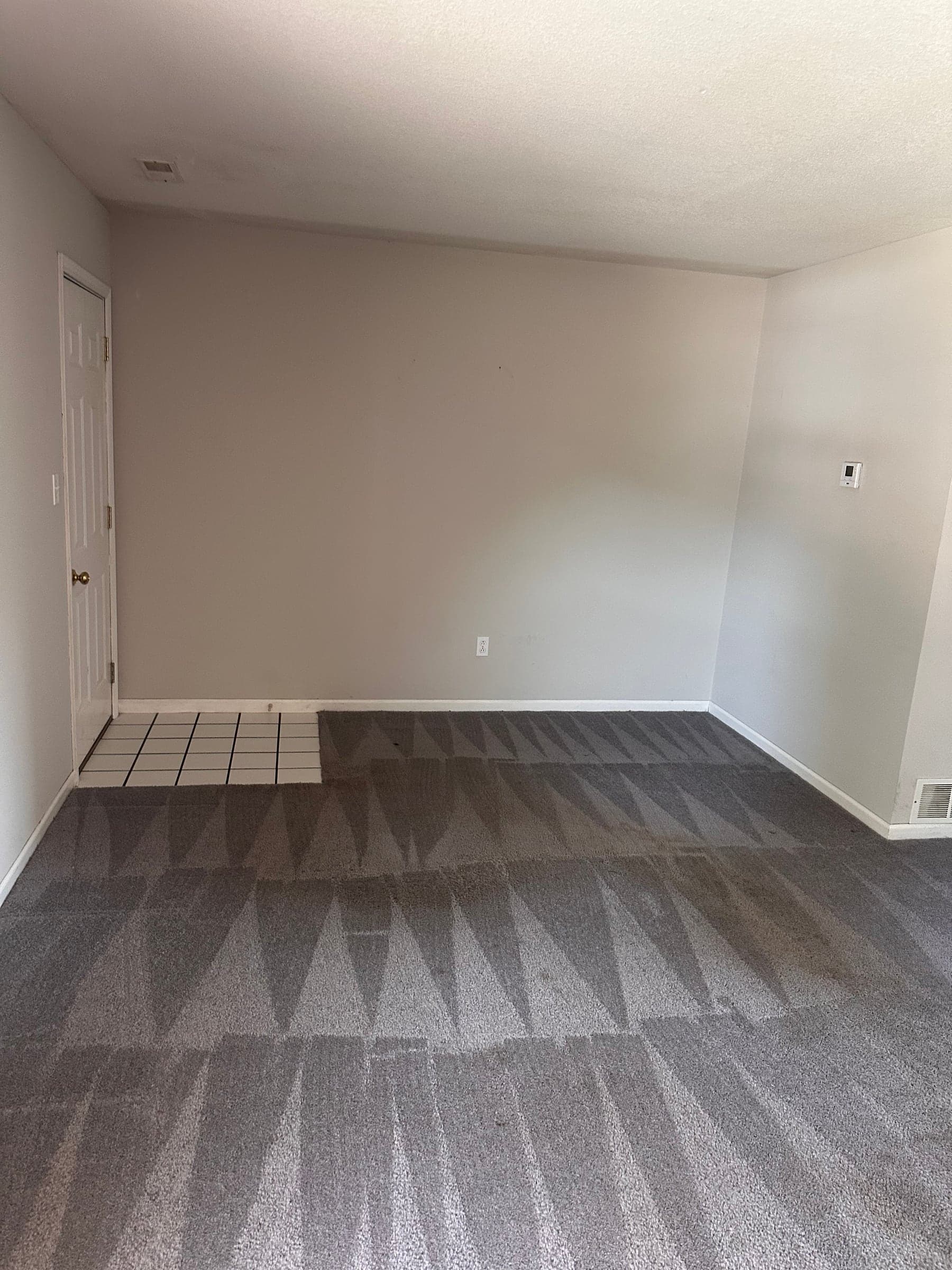 An empty room with fresh vacuum lines in the carpet after a cleanout